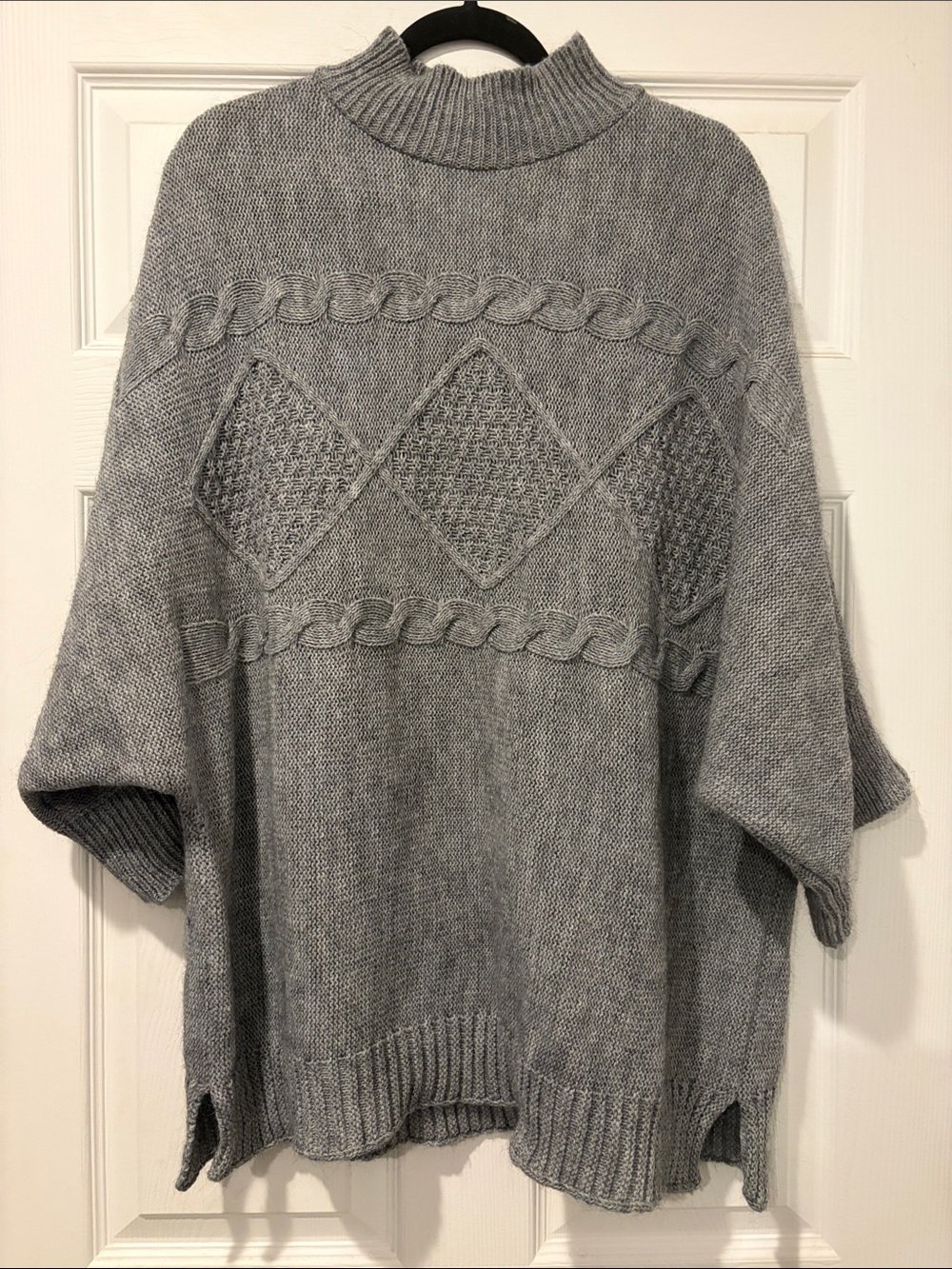 Cable-Panel Gray Mock Neck Sweater Poncho